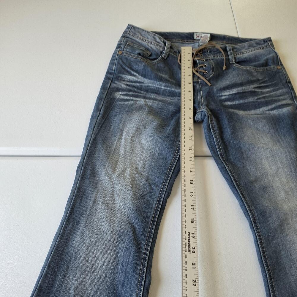 Y2K Mudd Jeans Juniors 11 Medium Wash Blue Low Rise Flare Lace Up Stretch Denim - Picture 6 of 11
